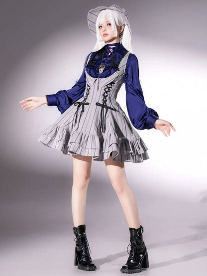 【12月29日予約締切】ゴシックロリータストライプバッククロスフリルサスドレス