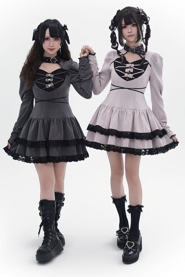[Reservierungsschluss 28. September] Pink x Schwarz/Grau x Schwarz Gothic-Kleid mit herzförmigem Ausschnitt, Gürtelkragen, Spitzenbesatz und Schleifendetail