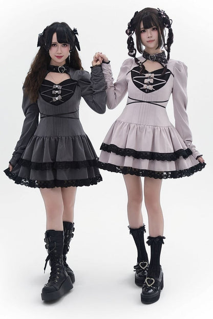 [Reservierungsschluss 28. September] Pink x Schwarz/Grau x Schwarz Gothic-Kleid mit herzförmigem Ausschnitt, Gürtelkragen, Spitzenbesatz und Schleifendetail