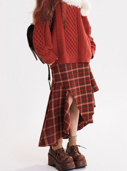 Red Check Skirt Retro Irregular Design A-Line Skirt