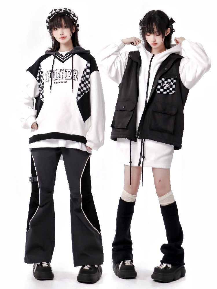 Dark Island Black White Coloured Block Fluffy Fleece Jacket Vest Pants Suit