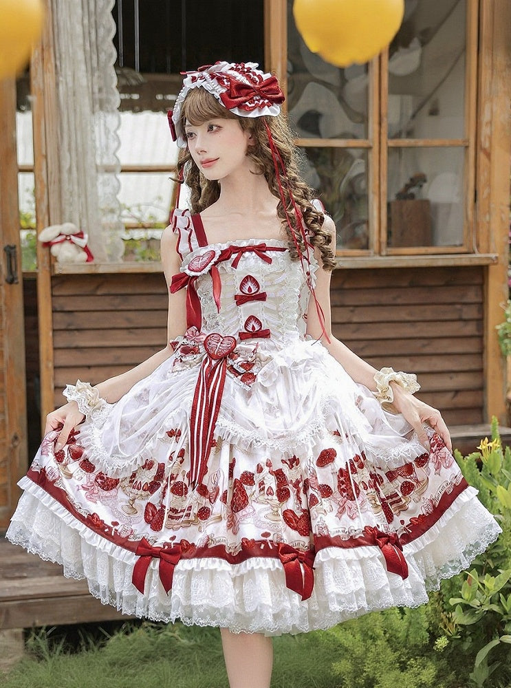 【11月4日予約締切】Strawberry Print Sweet Lolita Lace Bow JSK Dress + Puff Sleeve Lace Bow Doll Dress with Bone Embroidery Apron