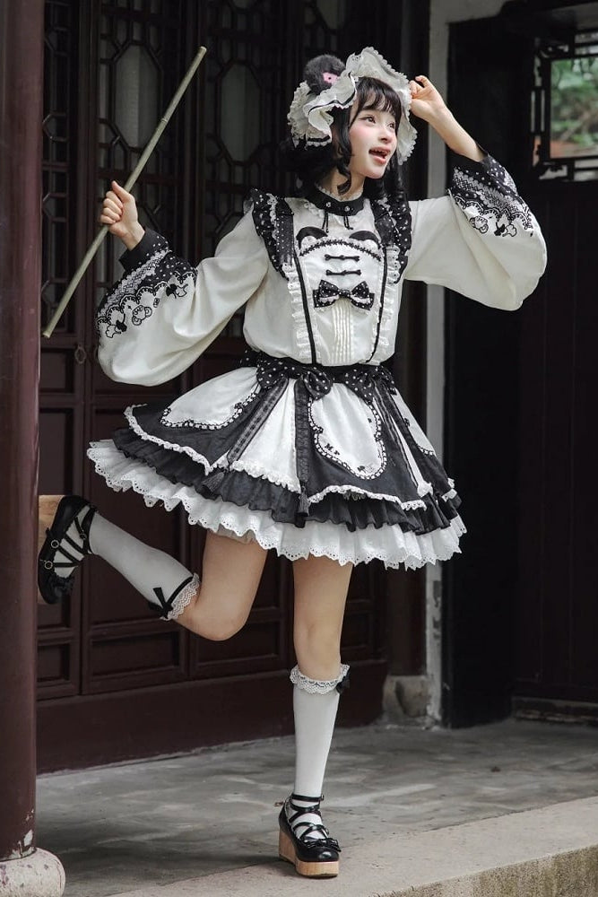 [Pre-order Deadline: October 25] Pink/White/Green Chinoiserie Lolita Sweet Panda Polka Dot Lace Apron Ruffle OP Dress
