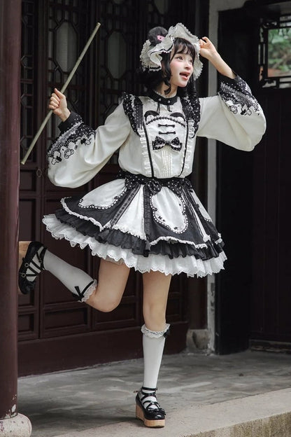 [Pre-order Deadline: October 25] Pink/White/Green Chinoiserie Lolita Sweet Panda Polka Dot Lace Apron Ruffle OP Dress