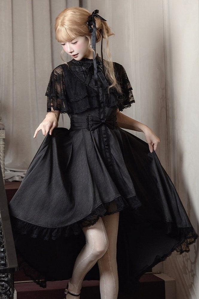 【10月8日予約締切】Black Classic Lolita Black Bow High-Low Dress(Sheer lace hem version / Plain satin frill hem version)