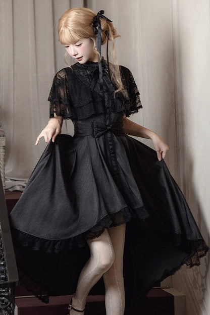 【10月8日予約締切】Black Classic Lolita Black Bow High-Low Dress(Sheer lace hem version / Plain satin frill hem version)
