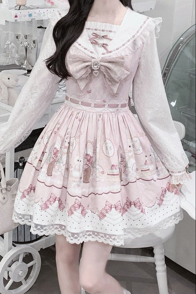 【8月30日予約締切】Pink and white rabbit print lace sailor collar Op dress +pleated dress skirt set＋ 3 Styles of Bow Tie Available