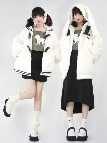 Bunny ears hoodie & sailor faux fur coat + off the shoulder sheep print top + skirt