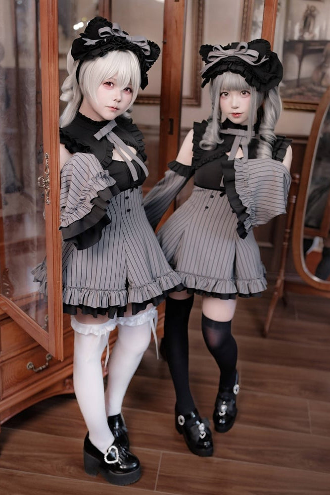 [Pre-order Deadline: October 1] Black x Gray Striped High-Low Cutout Cold-Shoulder Flare-Sleeve Frill Ribbon Dress