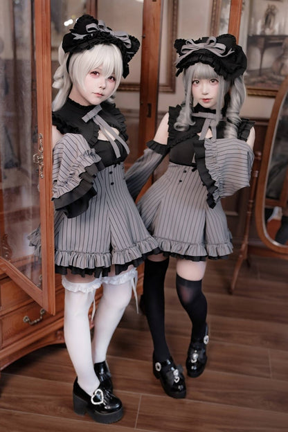 [Pre-order Deadline: October 1] Black x Gray Striped High-Low Cutout Cold-Shoulder Flare-Sleeve Frill Ribbon Dress
