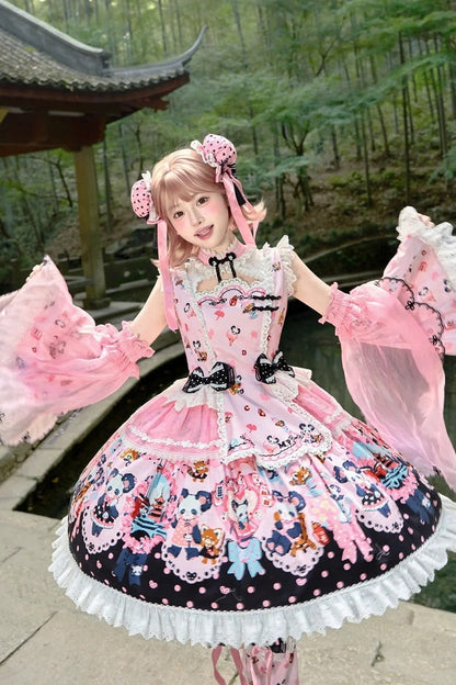 [Pre-order Deadline: October 25] Pink/Green Chinoiserie Lolita Sweet Panda Print Flutter Sleeve Lace Trim Dress + Detachable Flared Sleeves + Leg Covers