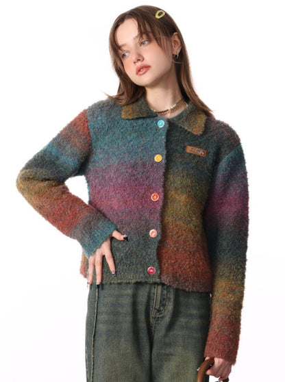 Gradient Polo Collar Soft Wax Wool Retro Cardigan