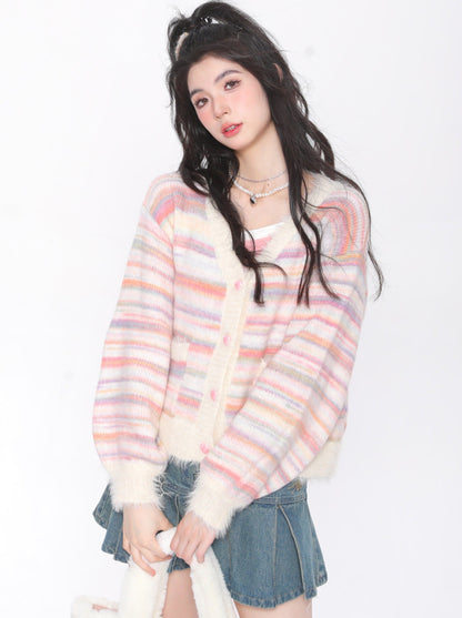 Sweet Rainbow Pink Stripe Short Knit Cardigan