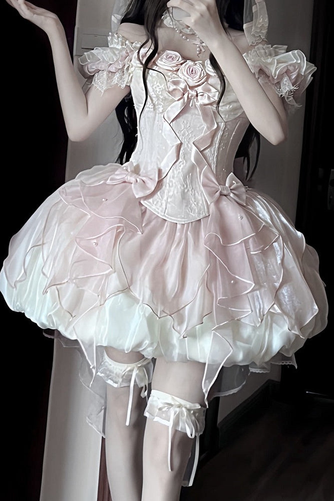 【9月6日予約締切】Romantic Rose Ballet Lolita Bow Lace Corset Bustier＋Layered Ruffle Bow Bubble Skirt + Bow Train（Set1/2）