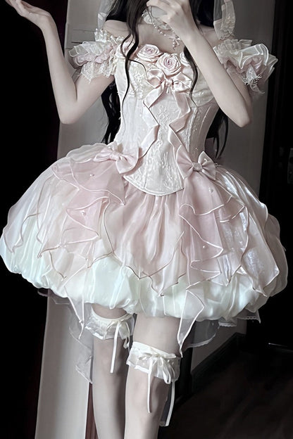 【9月6日予約締切】Romantic Rose Ballet Lolita Bow Lace Corset Bustier＋Layered Ruffle Bow Bubble Skirt + Bow Train（Set1/2）