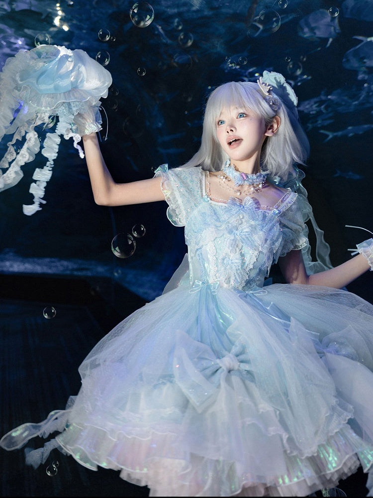 [Reservierungsschluss 1. August] Blau/Weiß/Lila Quallen-Feen-Lolita-Kleid mit Schleifen und Aurora-Schleppe