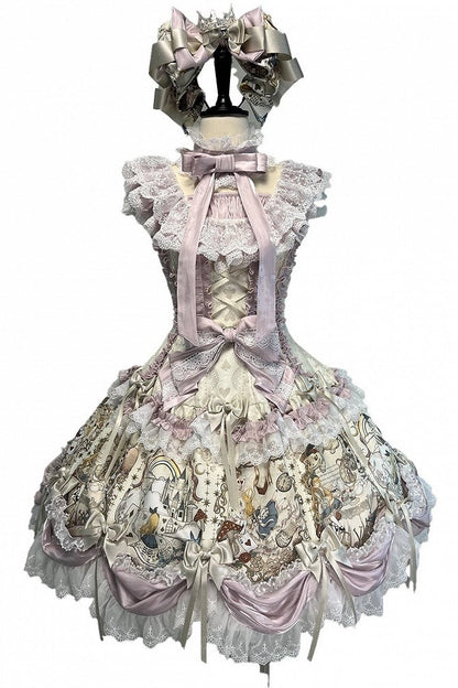 [Pre-order Deadline: September 28] Navy/Off-White Alice Classical Lolita Print Playing Card Frill Ribbon Dress + KC Set + Bunny Ear Hat Set