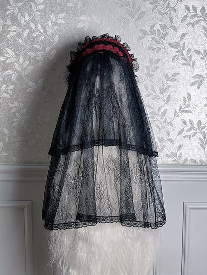 Black Mist Banquet Gothic Cross Rose Bonnet + Veil + Brooch