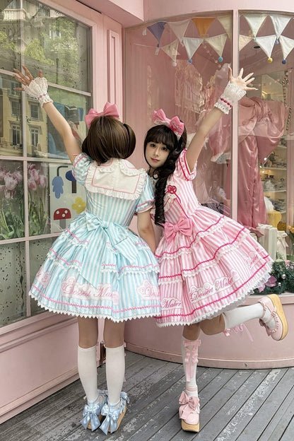 【6月18日予約締切】ピンク/ ブルー/ブラックスイートメイドロリータキャンディストライプティアードドレス＋ドレスセット1/2/3