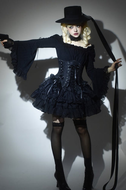 【1月29日予約締切】ブラックホワイトゴシックジャカードレースアップコルセット＋ドロストフリルスカート