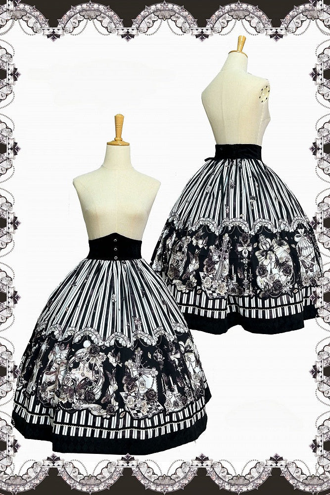 【10月3日予約締切】Black White Striped Gothic Rose Print Skirt(Short/Long)