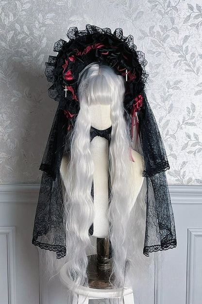Black Mist Banquet Gothic Cross Rose Bonnet + Veil + Brooch