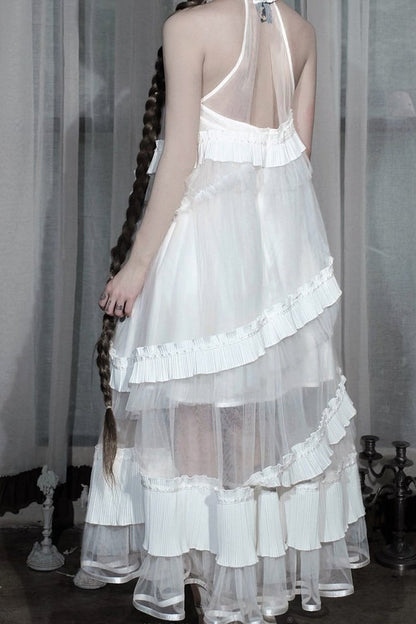 [Pre-order Deadline: October 14] Black/White Gothic Lolita Blue Butterfly Bow Tulle Ruffle Layered Halter Dress
