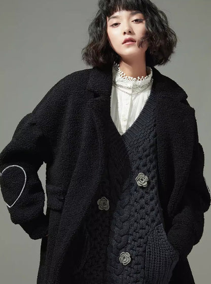 Black Fur Collar Polar Fleece Mid Length Lamb Wool Coat