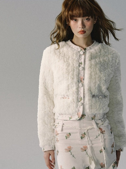 Mokomoko Fur Flower Jacquard Round Neck Wool Jacket