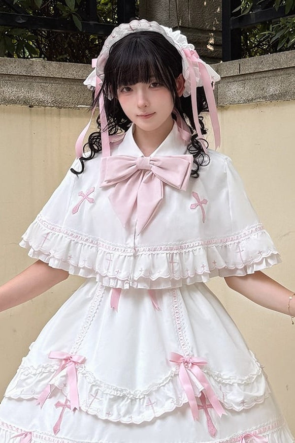 【10月4日予約締切】Blue & White / Pink & White Gothic-Inspired Sweet Lolita Ribbon Ruffle Dress＋Cross Embroidery Ribbon Cape