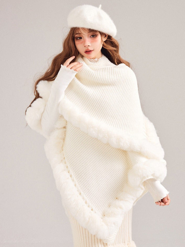 Soled Collar Shawl Knit Fur Ball Cape Jacket