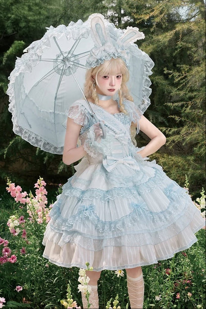 【6月20日予約締切】ピンク/ブルースイートラビットリボンフェアリープリンセスレースティアードJKSドレス