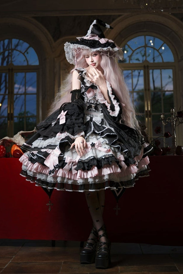 [Date limite de précommande : 14 septembre] Ensemble complet Gothic Black Pink Witch : robe JSK à croix + grande traîne à nœud + cape à capuche + manches amovibles + chapeau de sorcière + manches extérieures