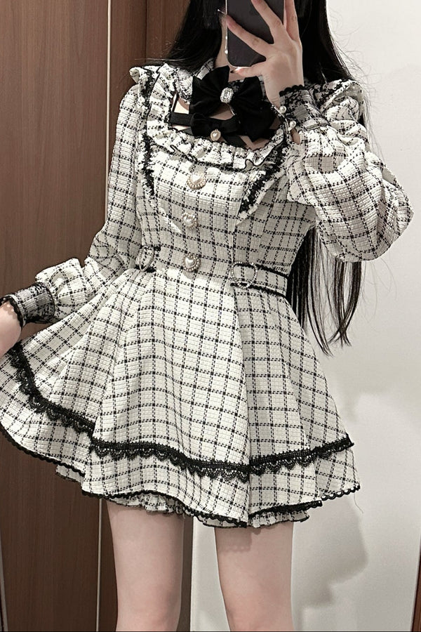 【12月18日予約締切】ジュエルリボンカラーレースチェックホワイトブラックドレスセットアップ
