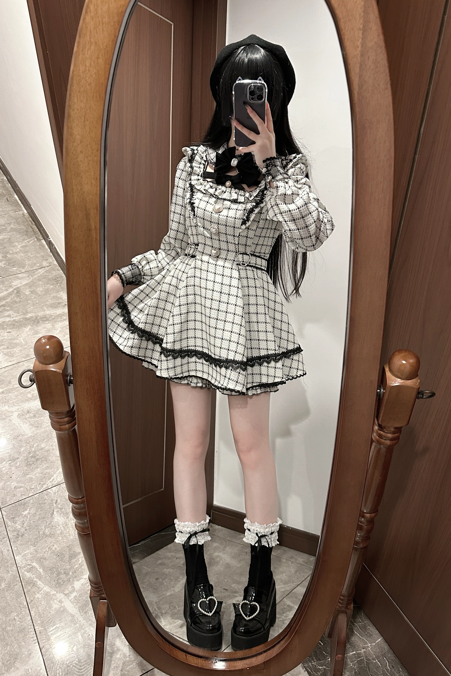 【12月18日予約締切】ジュエルリボンカラーレースチェックホワイトブラックドレスセットアップ