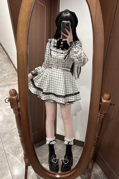 【12月18日予約締切】ジュエルリボンカラーレースチェックホワイトブラックドレスセットアップ