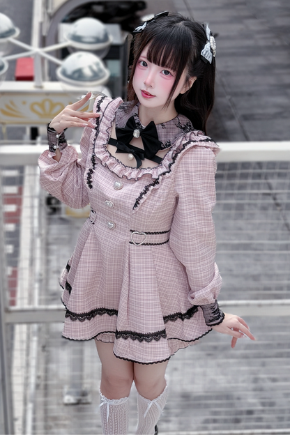 【12月18日予約締切】ジュエルリボンカラースイートレースチェックドレスセットアップ