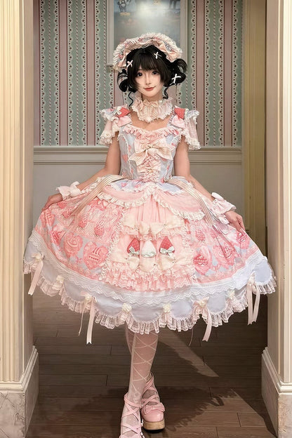 [Reservierungsschluss 26. Juni] Erdbeer-Sweet-Lolita-JKS-Kleid mit Spitze, Flatterärmeln, hochgezogenem Design und Tülllagen