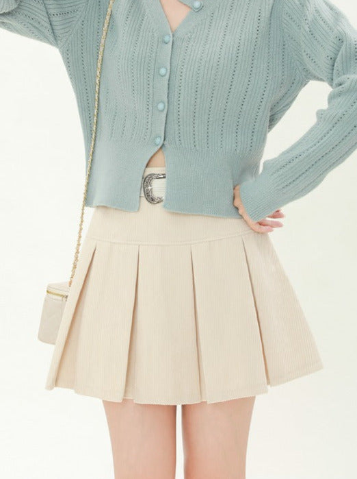 Retro Corduroy High Waist Belt Pleated Skirt