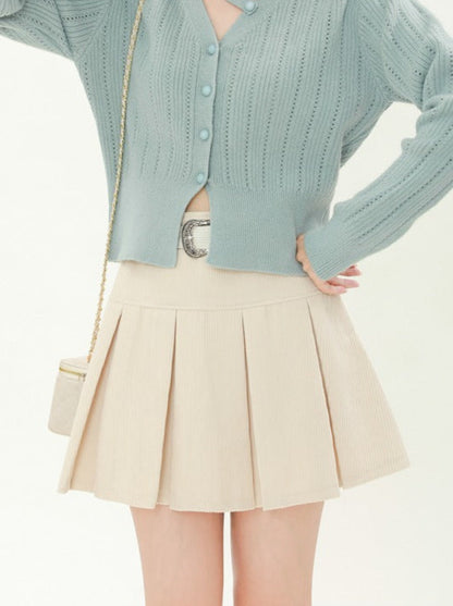 Retro Corduroy High Waist Belt Pleated Skirt