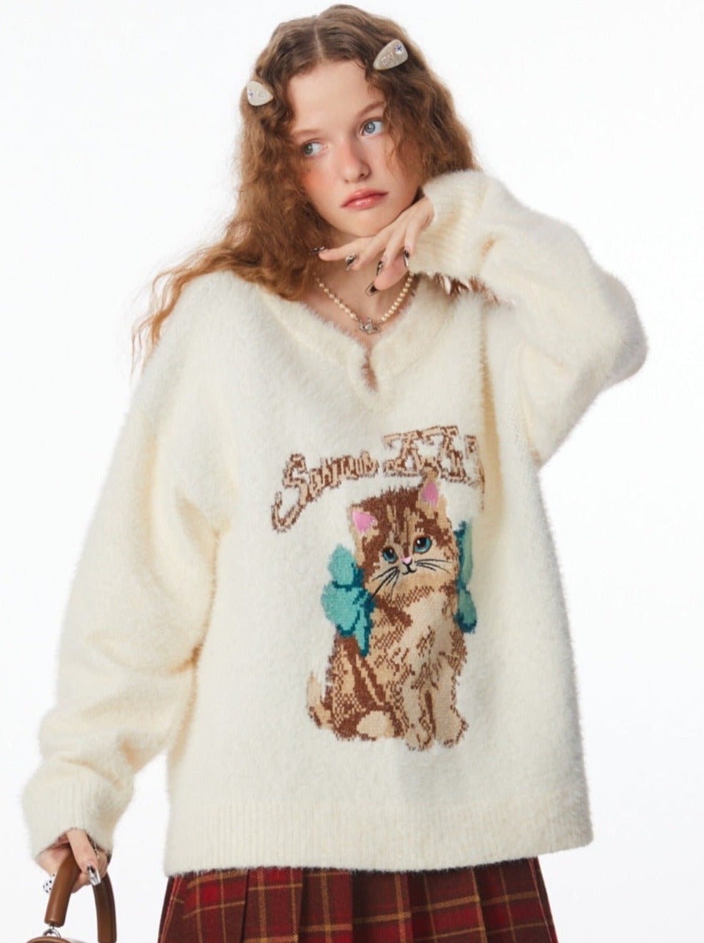 American Retro Cat Design White Knit