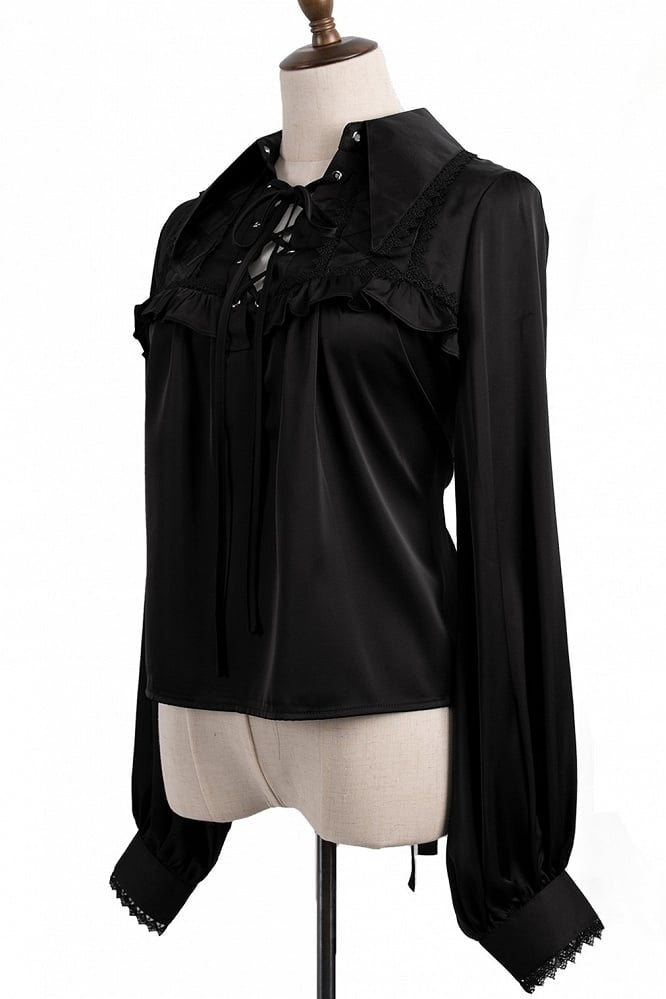 【12月29日予約締切】ゴシックロリータポインテッドカラーアンドレースアップリボンフリルシャツ
