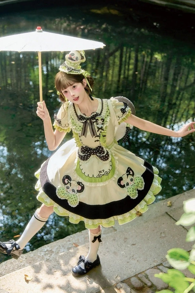 [Pre-order Deadline: October 25] Pink/Green Chinoiserie Lolita Sweet Panda Appliqué Puff Sleeve Polka Dot Bow Apron Dress