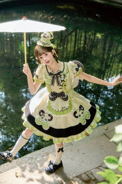 [Pre-order Deadline: October 25] Pink/Green Chinoiserie Lolita Sweet Panda Appliqué Puff Sleeve Polka Dot Bow Apron Dress