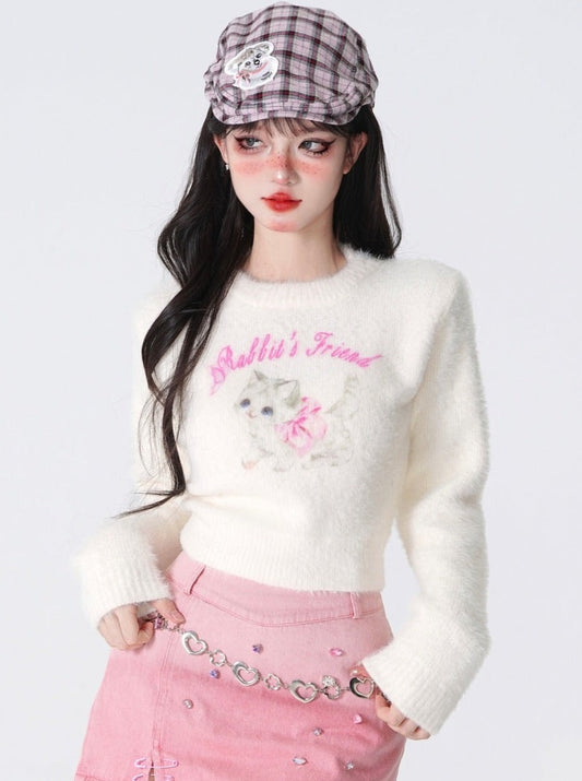 キャットファーショートラウンドネックプルオーバーセーター