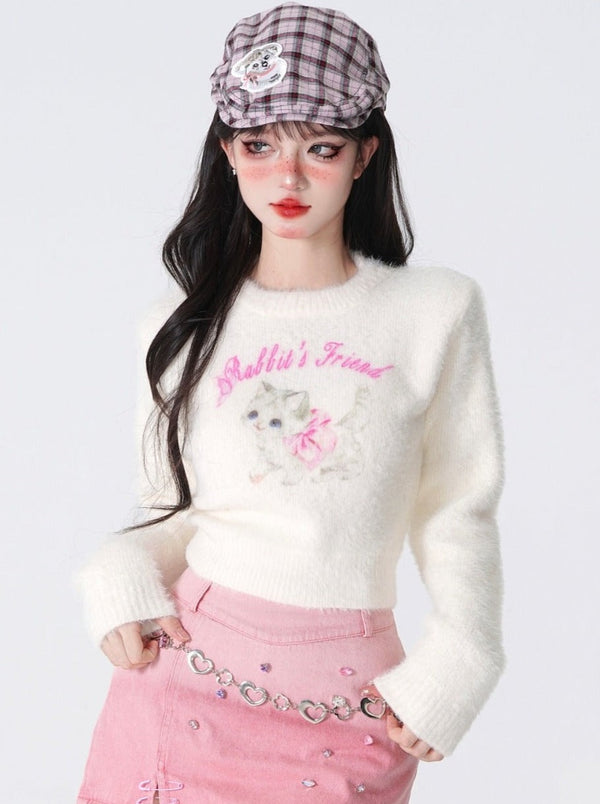 キャットファーショートラウンドネックプルオーバーセーター