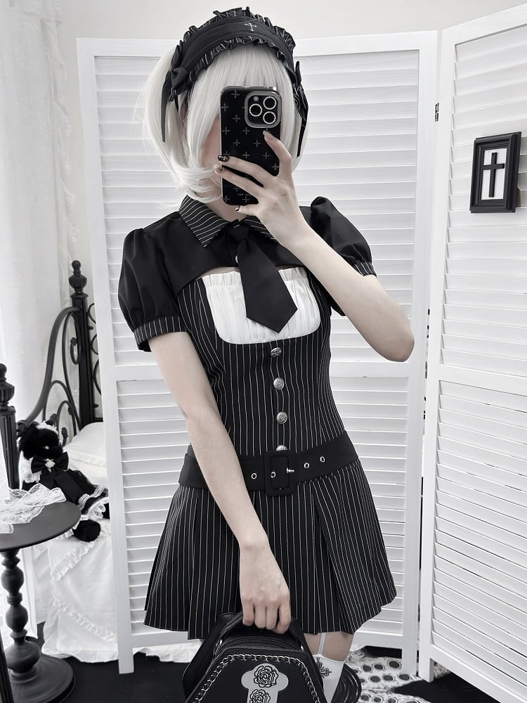 【4月29日予約締切】ブラックピンストライプタイカラーショートジャケットドレスフルセット＋ジュエルキャスケット