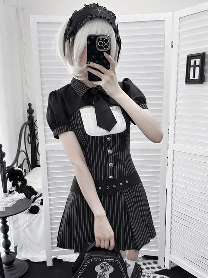 【4月29日予約締切】ブラックピンストライプタイカラーショートジャケットドレスフルセット＋ジュエルキャスケット