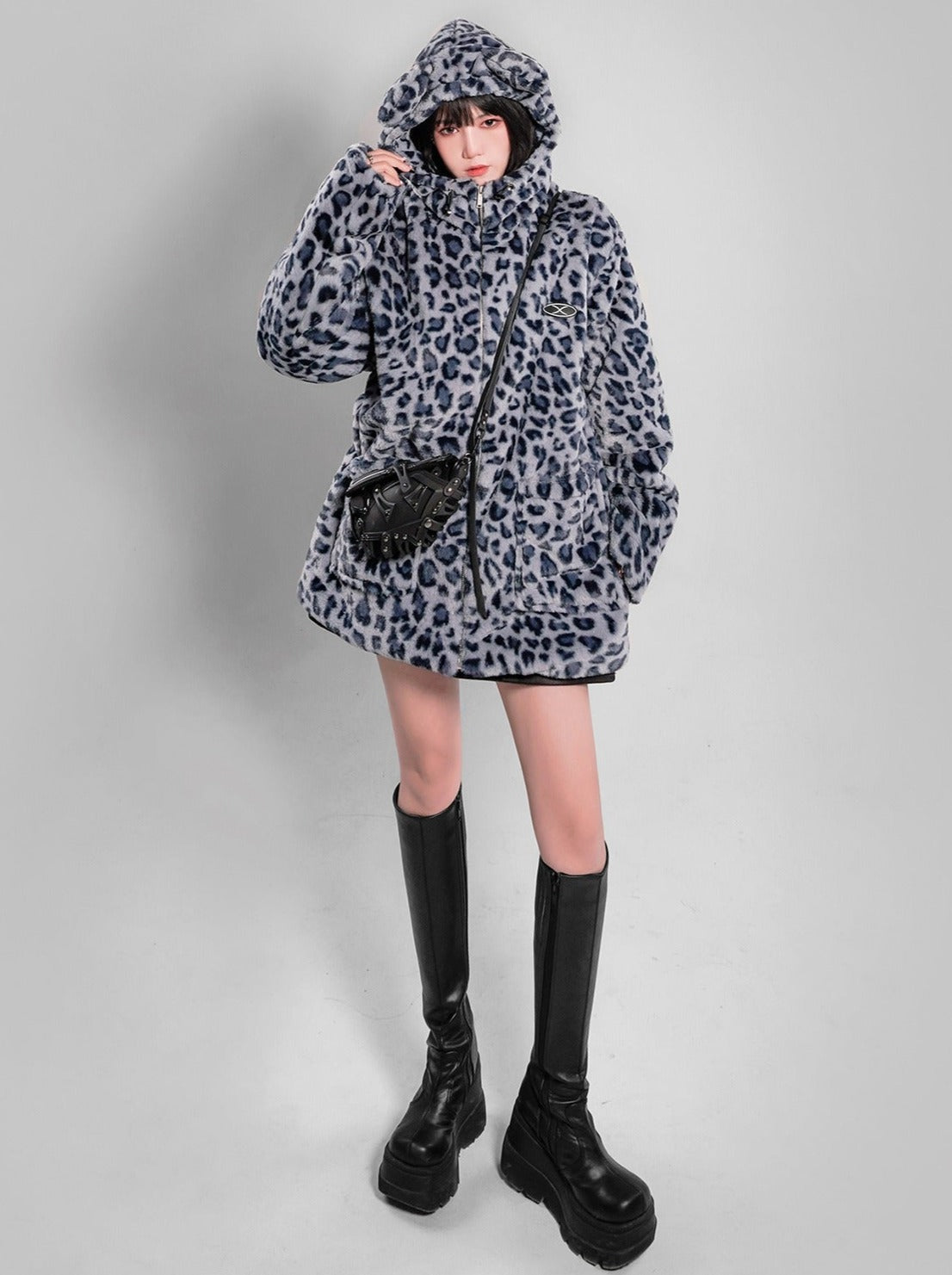 Cat Ear Leopard Fur Coat with Hood