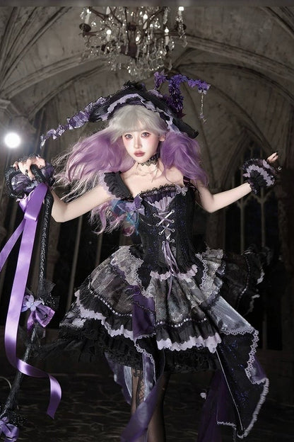 [Pre-order Deadline: August 29] Purple x Black Dark Gothic Butterfly Lace-Up Corset Bustier + Lace Ruffle Layered Skirt (with Front Ruffle Train) Matching Set + Dress Set 1/2/3